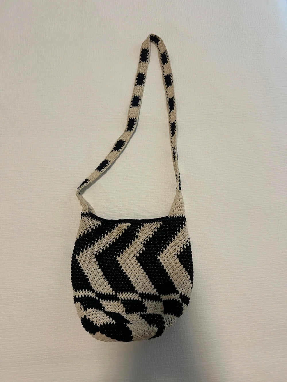 Black and Beige Crochet Chevron Crossbody Bag - Women Accessories